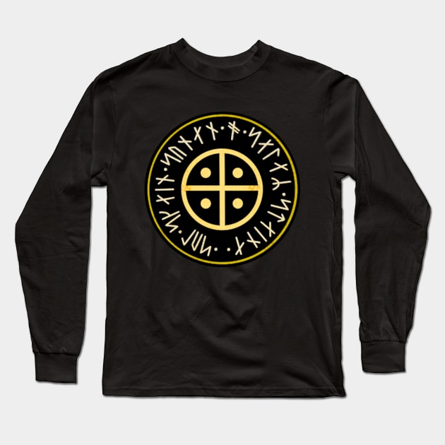 Viking Solar Symbol with Futhark Runes Long Sleeve T-Shirt by Arnsugr